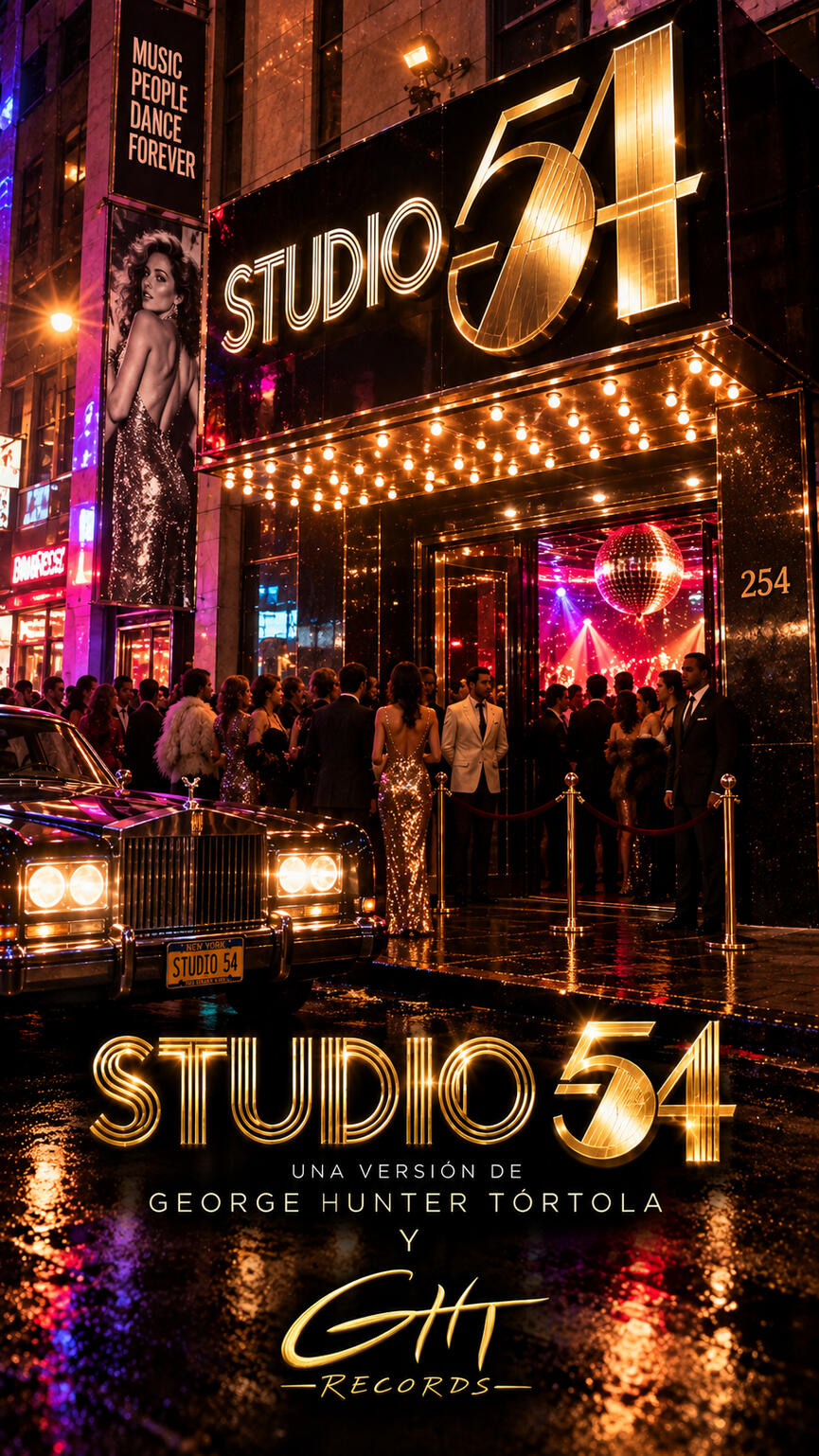 Portada de Studio 54: luces doradas y ambiente disco nocturno.