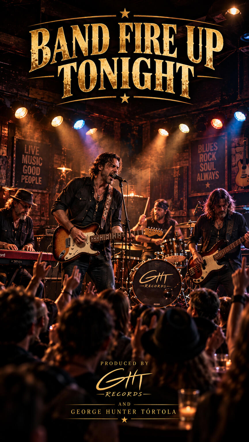 Portada de Band Fire Up Tonight: una banda de blues rock toca en un bar ante el público, bajo luces cálidas. GHT Records.