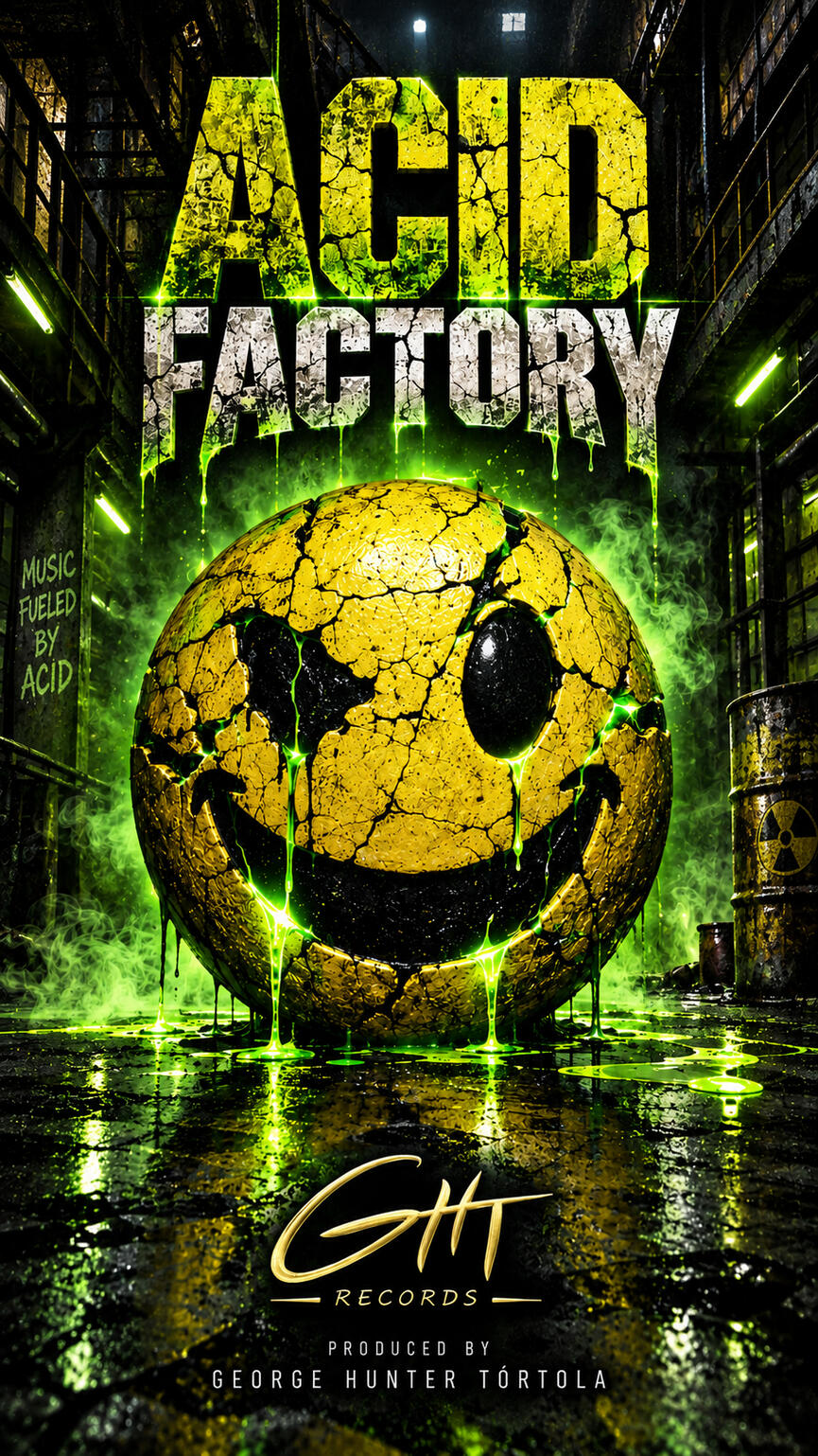 Portada de Acid Factory: esfera amarilla agrietada con rostro sonriente en una fábrica oscura iluminada en verde. GHT Records.