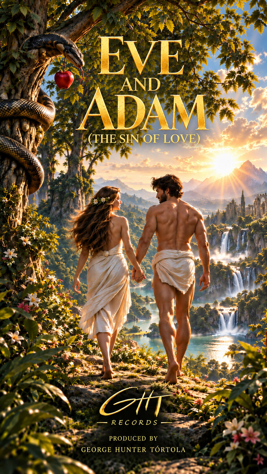 Portada de Eve and Adam (The Sin of Love): Eva y Adán ante un jardín con cascadas, una serpiente y una manzana roja. GHT Records.