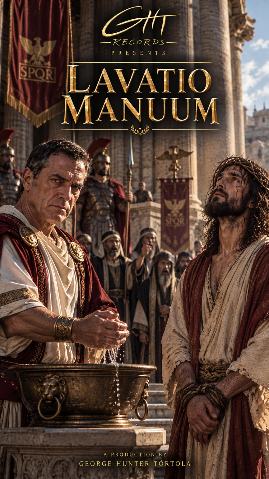 Portada de Lavatio Manuum: Poncio Pilato se lava las manos ante Jesucristo en un escenario romano. GHT Records.